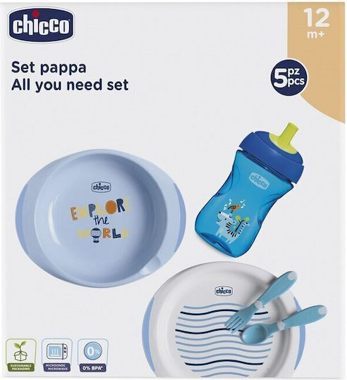 Chicco Set De Hrană Din Plastic Cu Bază Antiderapantă Albastră Explore The World 5 Piese Pentru 12+ Luni