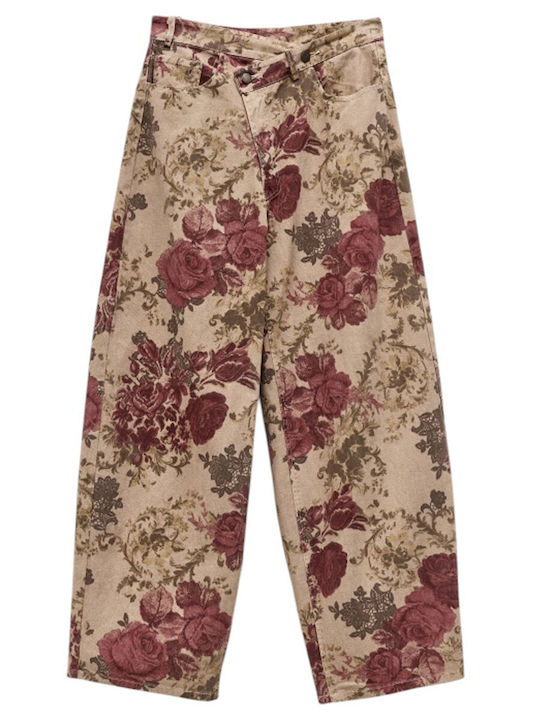Lumina Women's Fabric Trousers Floral Beige