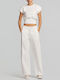 Women's Fabric Trousers with Rubber Band in Straight Leg Ecru