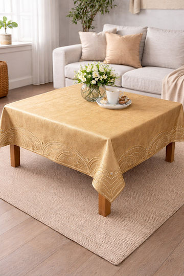 Kariert Tischdecke mit Goldstickerei Braun 85x85cm