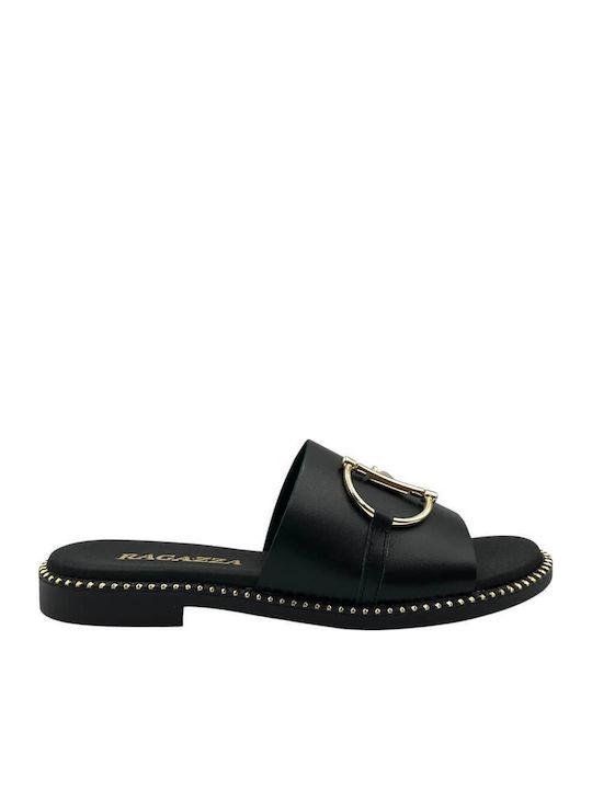 Ragazza Leder Flache Sandalen Für Damen Schwarz