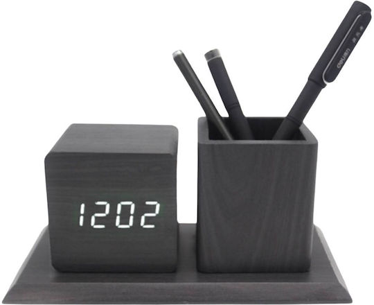 Wooden Digital Tabletop Clock Pencil Holder & Thermometer Black