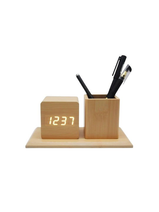 Wooden Digital Tabletop Clock Pencil Holder & Thermometer Beige