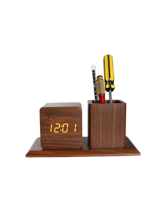 Wooden Digital Tabletop Clock Pencil Holder & T...