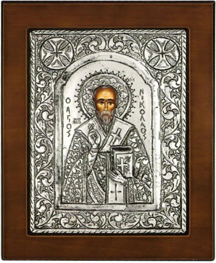 Saint Icon St. Nicholas Coated Silver 925 Brown Wood 17x14