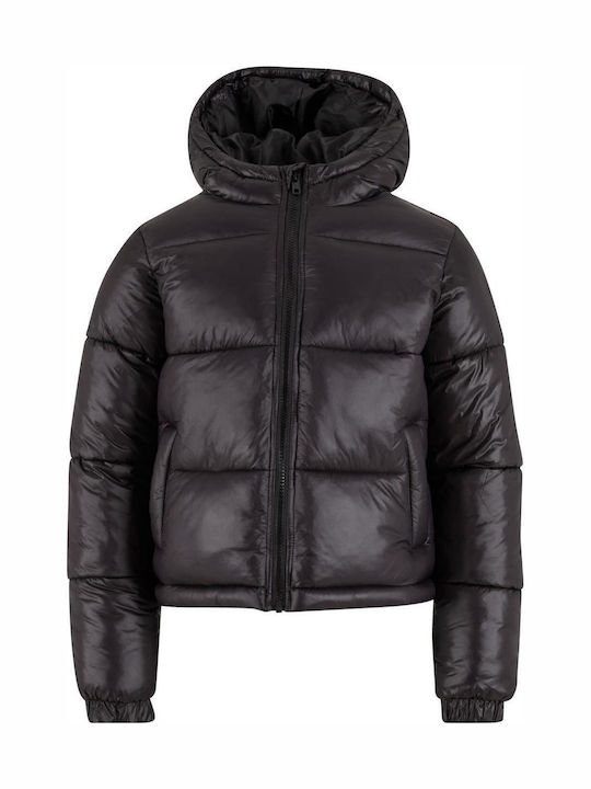 Kids Quilted Long Coat with Hood Black