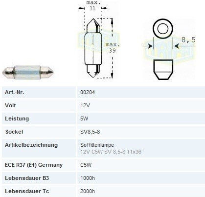 Λαμπα Σωλ Τη 12v 05w 11*39 Sv8 5-8 Tri 204 Trifa Germany