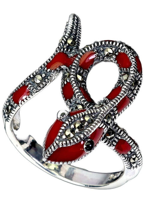 925 Stunning Silver Enamel Ring Natural Marcasite Snake Size 14