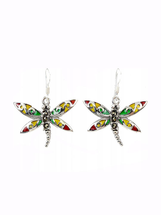 Silver 925 Enamelled Natural Marcasite Dragonfly Earrings 5