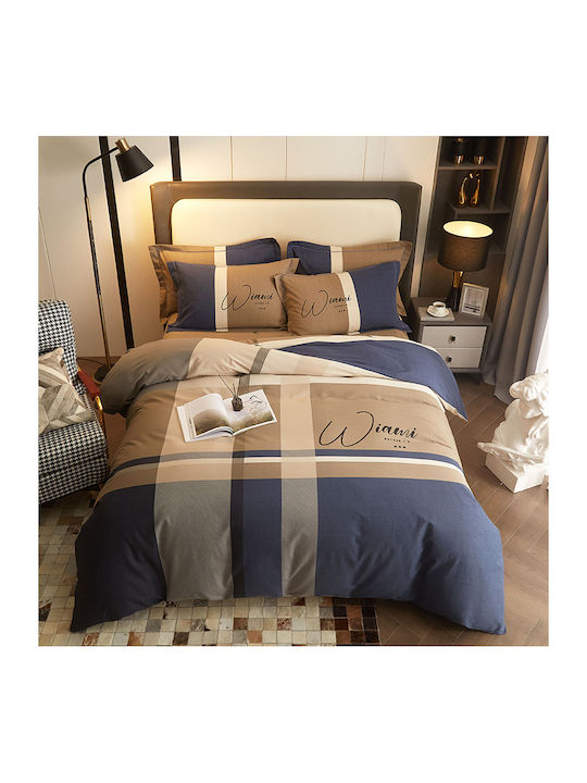 4 Seasons Collection Σετ Παπλωματοθήκη Φανελένια Υπέρδιπλη 220x240cm 2 Μαξιλαροθήκες & 1 Σεντόνι Μπλε Καφέ