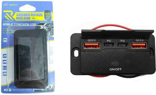 Car Charger Fast Charging with Ports 4xUSB-A 1xType-C with Embedded Cable