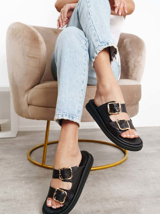 Черни Кожени Flatforms Print С Двойни Токички