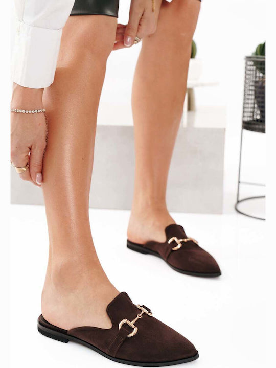 Καφέ Suede Mule Μοκασίνια Δερμάτινο Πάτο