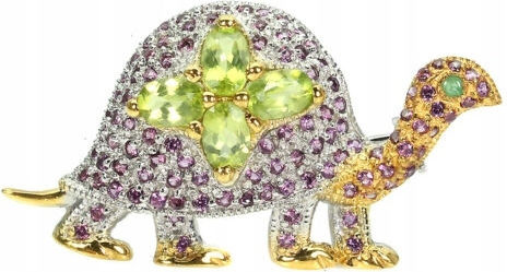 Silver Turtle Brooch Garnets Olivines Emerald 925