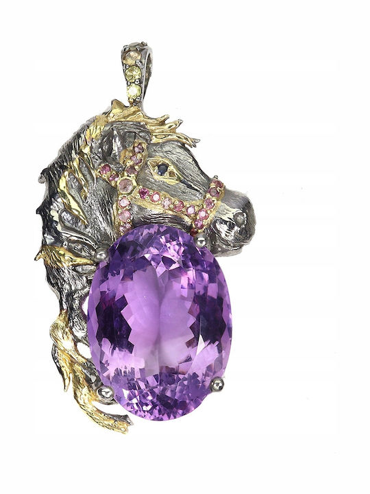 Stunning 925 Pendant Natural Large Amethyst Sapphires Rubies Horse