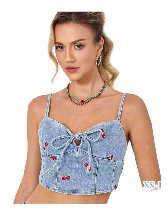 Women's Crop Cotton Top with Spaghetti Straps Blue
