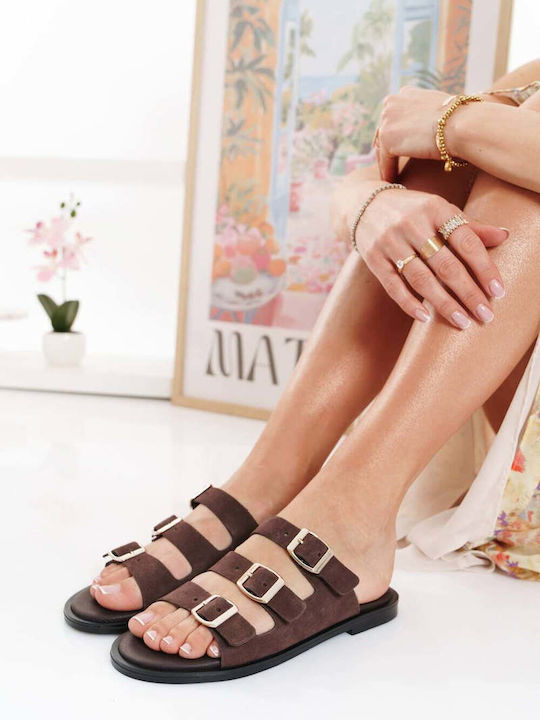 Brown Leather Suede Buckle Slippers