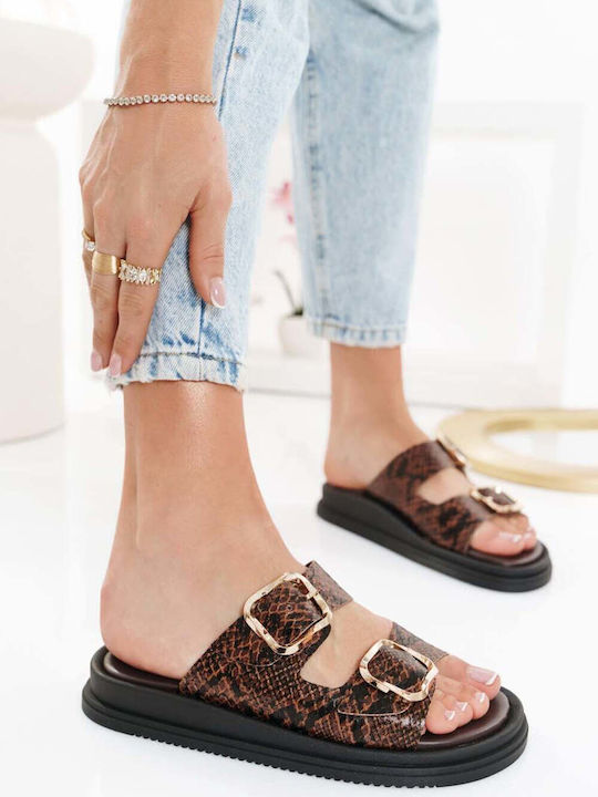 Кафяви Кожени Flatforms Print Двойни Токички