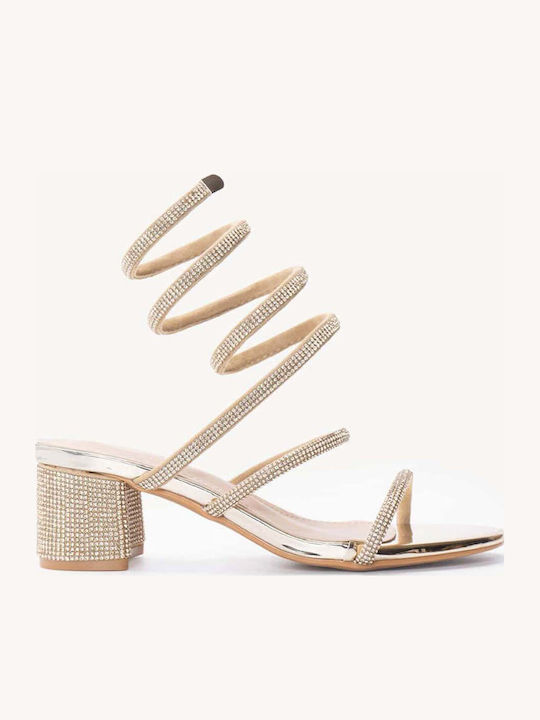Goldene Damen Sandalen mit Strass und Riemen mi...