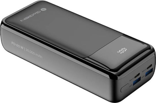GoGEN Външна батерия 30000 mAh 65 W с 2 USB-A и 2 USB-C порта, Power Delivery / Quick Charge, черна