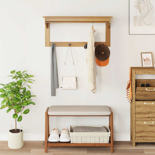 vidaXL Wooden Wall Hanger 4 Hooks Brown 90x35cm