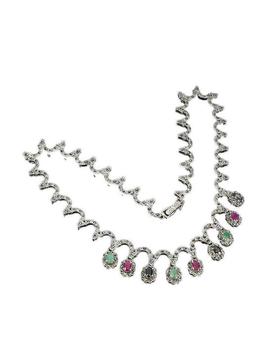 Stunning 925 Elegant Necklace Emeralds Marquises Rubies Sapphires