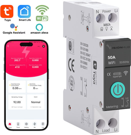 Contor Inteligent De Energie Cu Siguranță Wifi 50A Monitorizare Consum Control De La Distanță Programare Inteligentă Compatibil Cu Smart Life Tuya Alexa Google Home Montaj Pe Șină Din