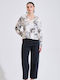 Women's Satin Long Sleeve Blouse with V Neckline Floral Ecru