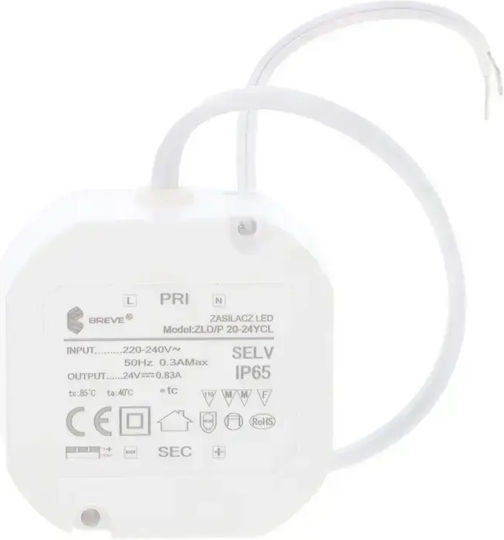 Breve Led Power Supply 24v Dc 20w 0.83a Ip65 Protections Zldp 20-24ycl 19724-9020