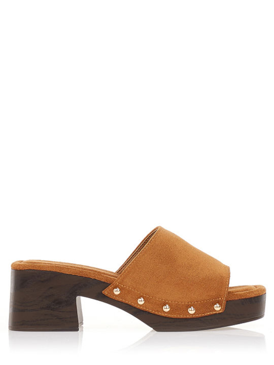 Suede Damen Pantoletten mit Niedrigem Absatz in Brauner Farbe