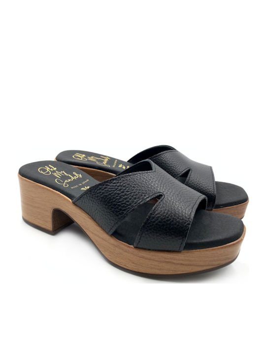 Leather Mules With Low Heel In Black Colour