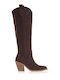 Cizme Dama Cowboy Din Suede Cu Toc Mediu Maro