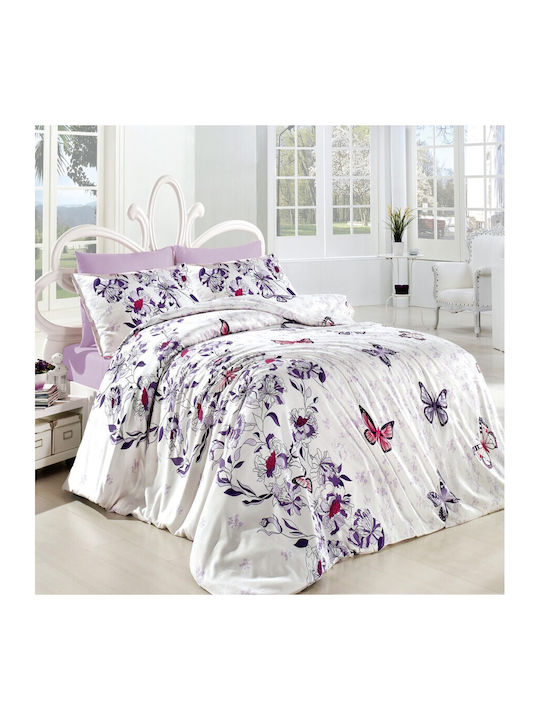 First Choice Set Huse Pentru Pilote 100% Bumbac Dublu Cu 4 Fețe De Pernă & 1 Cearceaf 200x220cm Purple Butterflies And Flowers