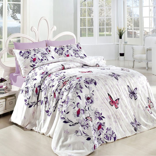 First Choice Cotton Double Duvet Cover Set With 4 Pillowcases & 1 Bed Sheet 200x220cm Purple Butterflies And Flowers