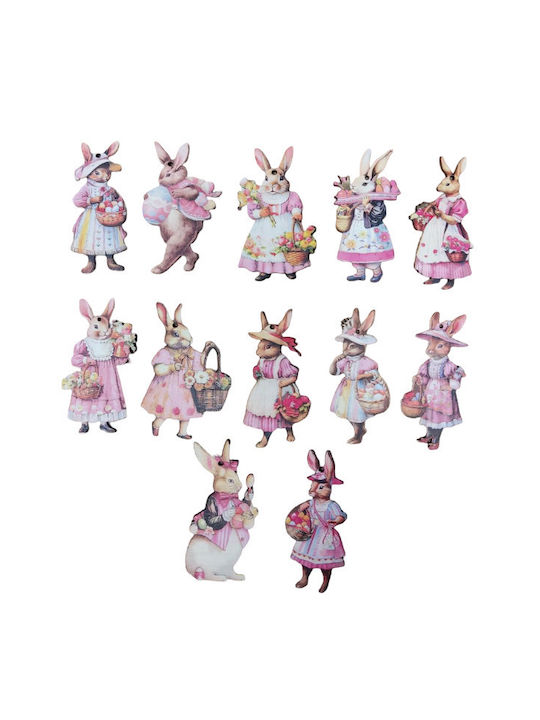 Set 12 Bucăți Ornamente De Paște Din Lemn De Agățat 8x4cm Iepurași