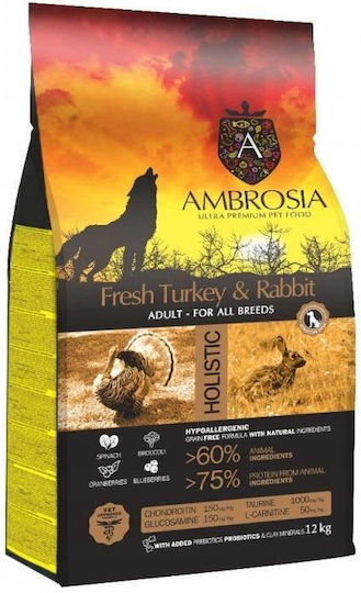 Ambrosia Fresh 12kg Ξηρά Τροφή χωρίς Σιτηρά για Ενήλικους Σκύλους με Γαλοπούλα, Κουνέλι και Λαγό