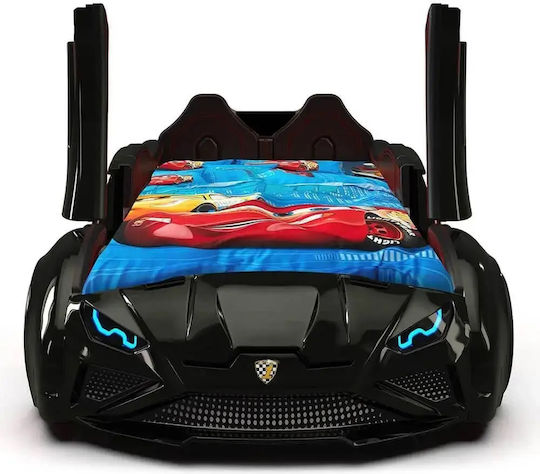 Schwarzes Kinderbett Auto Mit Türen Oben Und LED-Lichter 207x105x45cm