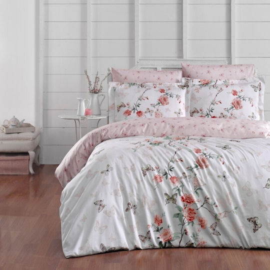 First Choice Set Huse Pentru Pilote Din Bumbac Dublu Cu 4 Fețe De Pernă Și 1 Cearceaf 200x220cm Matilde Alb Cu Flori Roz Piersică