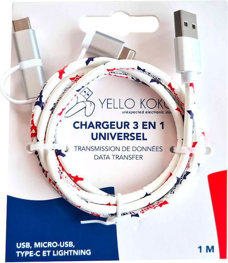Yello Koko Kami Равен Кабел 3 A Usb Към Microusb Usb-c Lightning 1m Бързо Зареждане Бял