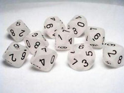 10 Dice Set D10 Frosted Clear W Black