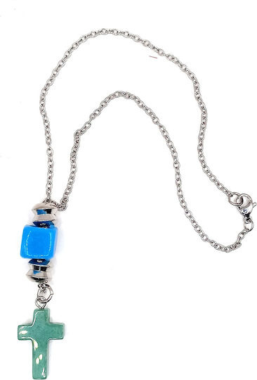 Car Charm Athinodorou Handmade Steel Cross Semi-Precious Stone Aventurine 05mm00033