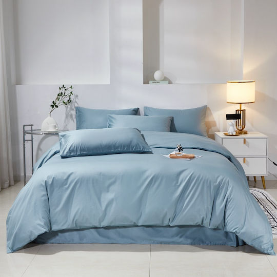 Single Cotton Duvet Cover Set 160x240cm 1 Pillowcase & 1 Bed Sheet Gray Blue
