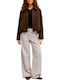 Zoe Women's High Rise Fabric Trousers in Wide Leg Style Light Grey