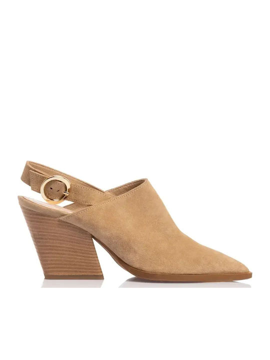 Leather Mules with High Heel in Beige Colour