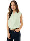 Women's Satin Sleeveless Top with V-Neck in Green