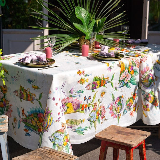 Tessitura Toscana Telerie Linen Tablecloth Pesciflora Pink 170x360cm