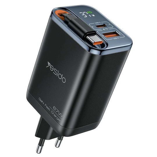 Yesido Charger With Built-In Cable GaN With USB-A Output Port And USB-C Output Port USB-C 67W Quick Charge 3.0 Power Delivery Quick Charge 2.0 Black (YC100)