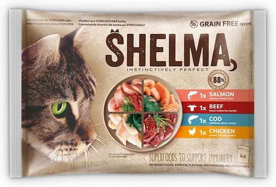 Υγρή Τροφή Γάτας Shelma Rich In Salmon Cod Beef Chicken 4x85g