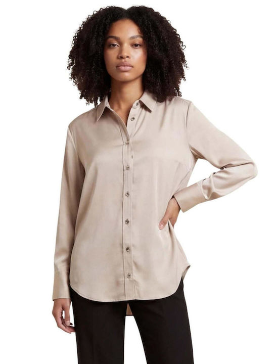 Only Long Sleeve Women's Satin Shirt Beige