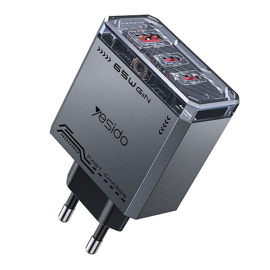 Yesido Charger Without Cable GaN with USB-A Port and 2 USB-C Ports 65W Black (YC101)